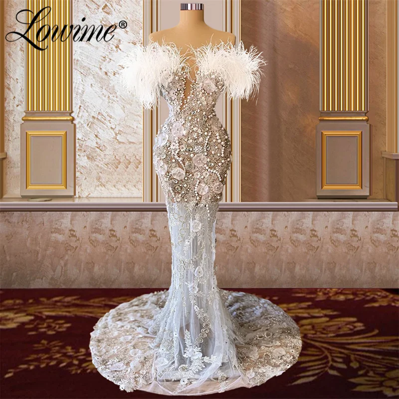 

Feathers Pearls Long Mermaid Evening Dresses Aso Ebi Women Party Wear Dubai Dress 2022 Customize Handmade Flower Party Gowns