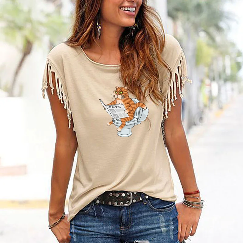 

New summer cat wearing glasses sitting on the toilet reading newspaper women's T-shirt short sleeve tassel knot T-shirt