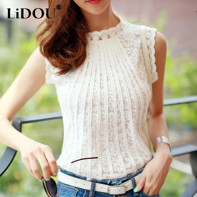 Купи Summer Autumn Hollow Out Sexy Lace Lady Tanks Casual Sleeveless O-Neck Blusas Tops Elegant Fashion Pullover Women Korean Camis за 1,001 рублей в магазине AliExpress