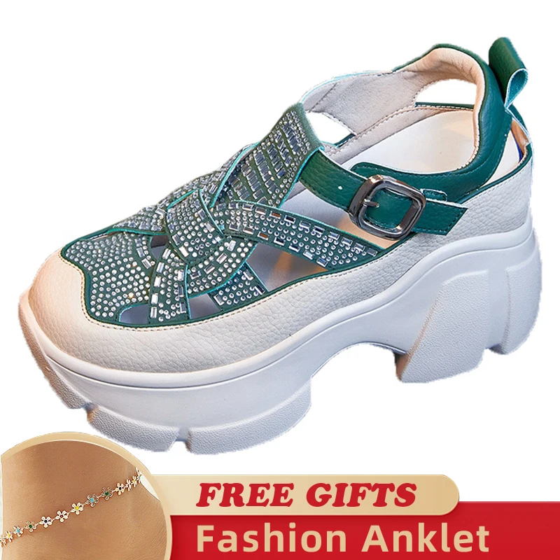 8.5cm Chunky Sneakers Genuine Leather Slide Summer Ankle Rhinestones Hollow Women Platform Sandals Wedge Breathable Female Shoes