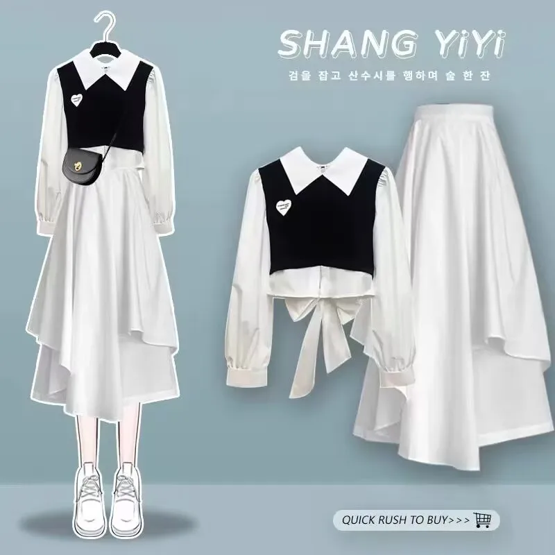 

2023 Women's Spring Autumn New Matching Set Fashion Splice Fake Two Piece Shirts+irregular Midi Skirt Suit Female Dress Sets