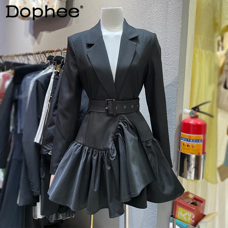 Korean Fashion Chic Ruffled Suit Dress Women Elegant Lapel Long Sleeve Belt Waist Business Ol Midi Dress 2022 Spring New Clothes