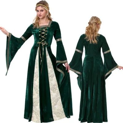 Ретро средневековый костюм темно-зеленое аристократическое Дворцовое платье костюм на Хэллоуин костюм для взрослых сценическая одежда платье + повязка на голову
