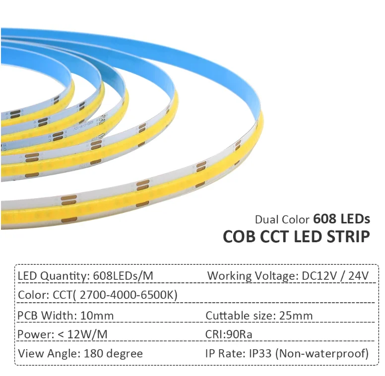 COB CCT LED Strip Light Dual Color Warm+Cool White Flexible High Density Linear LED Tape Light Bar DC 12V 24V Room Decor Ambient