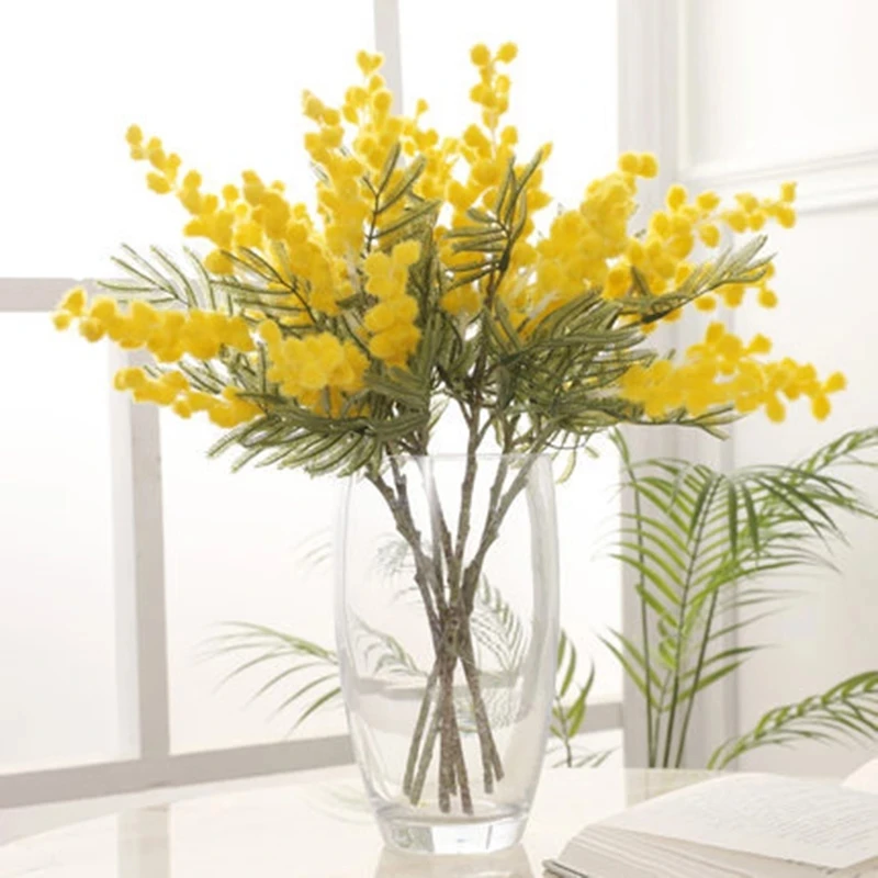 

1PC Wedding Fruit Branch Fake Acacia Artificial Flowers Spray Cherry Yellow Mimosa 38cm Fake Flower Home