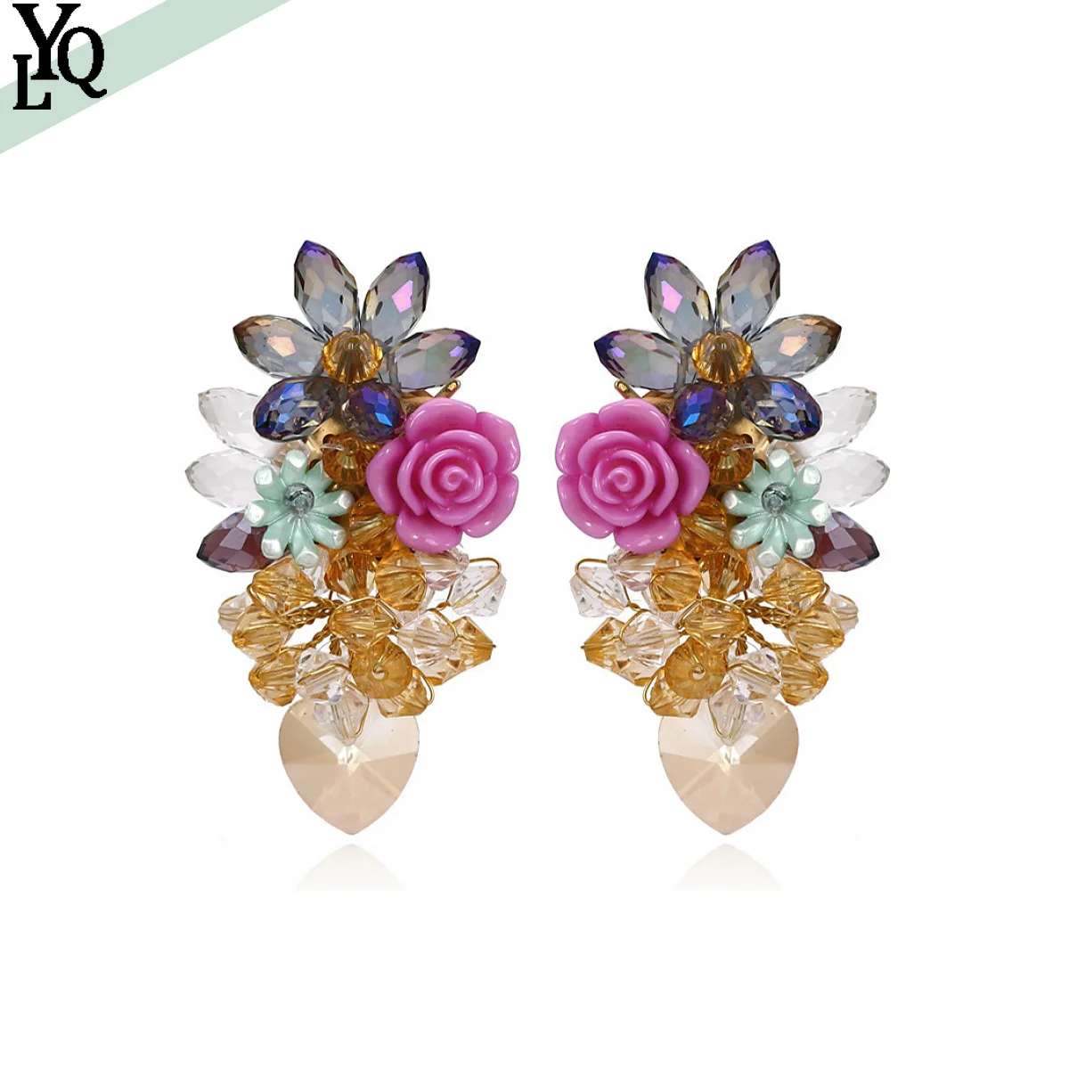 

ZA Personalized Handwoven Glass Crystal Tassels European and American Exaggerated Flower Earrings