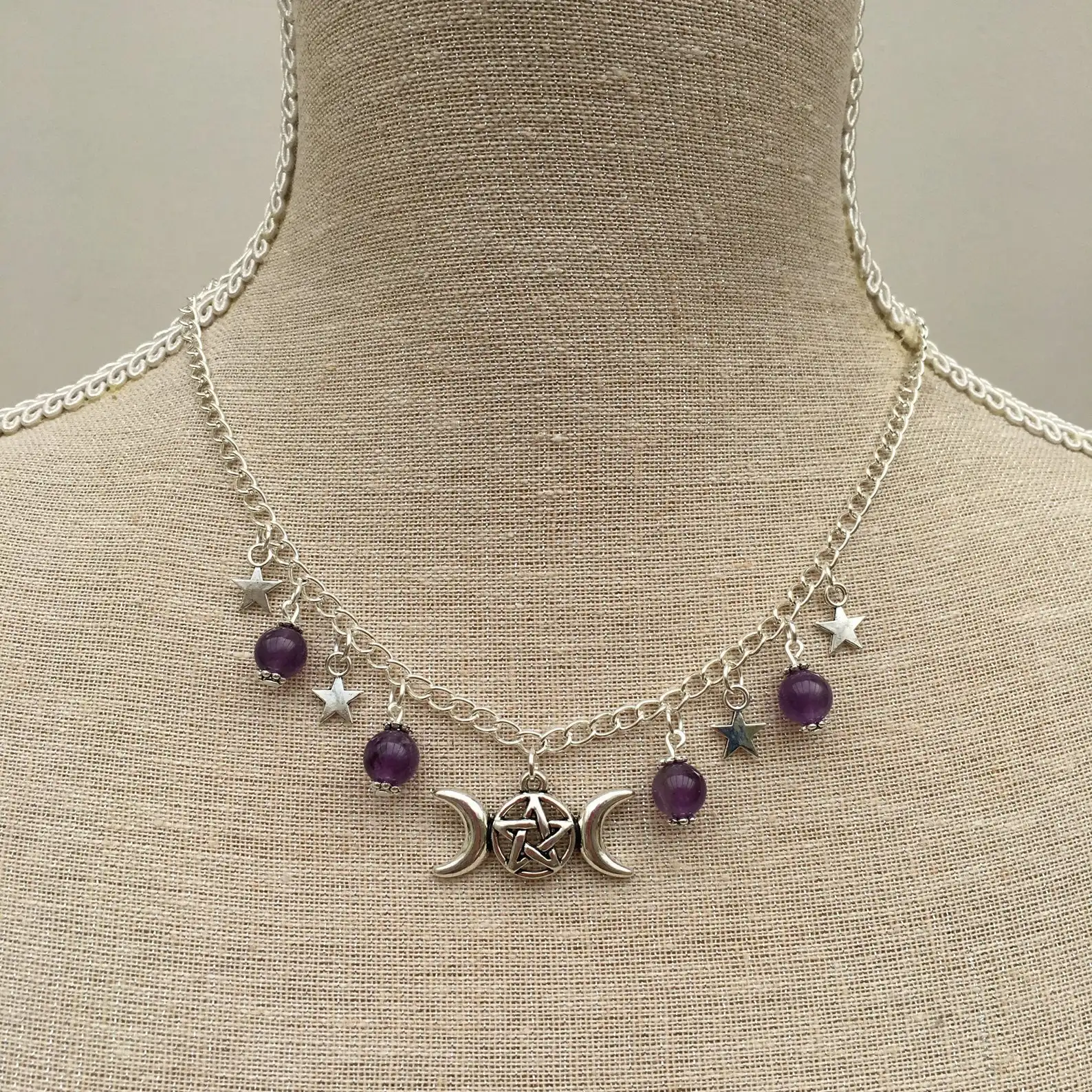 Crystal Ohm necklace Amethyst rosary necklace, Spiritual Buddhist Hindu Ohm Aum Om necklace images - 6