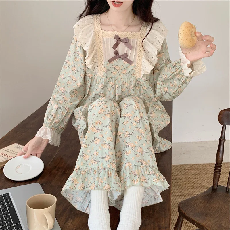 

Милый хлопковый небольшой яркий кружевной пижамный комплект с длинными рукавами и кружевными брюками в стиле принцессы пижамный комплект