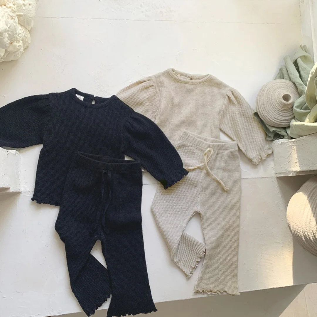 

Осень 2023, детская одежда, футболка с длинным рукавом и вафельным принтом для девочек + Повседневный модный костюм из двух предметов