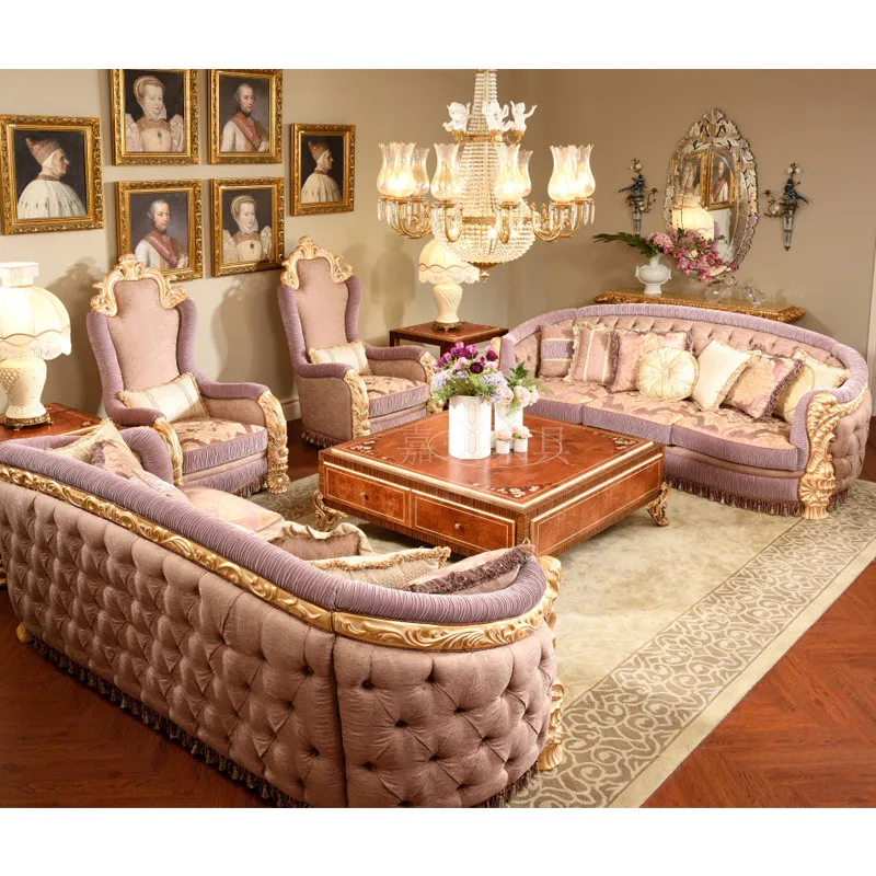 

Custom European Luxury Palace Solid Wood Sofa Combination French Sofa Tea Table Hand Carved Furniture Living Room Sofa Set