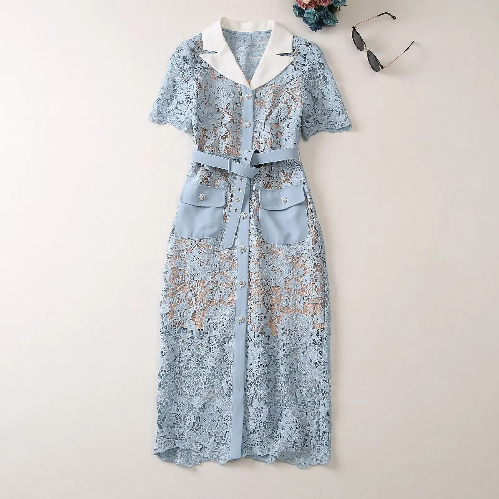 European and American women's clothes 2023 spring new Short sleeve Suit collar single breasted Blue lace fashion Belt Dress XXL