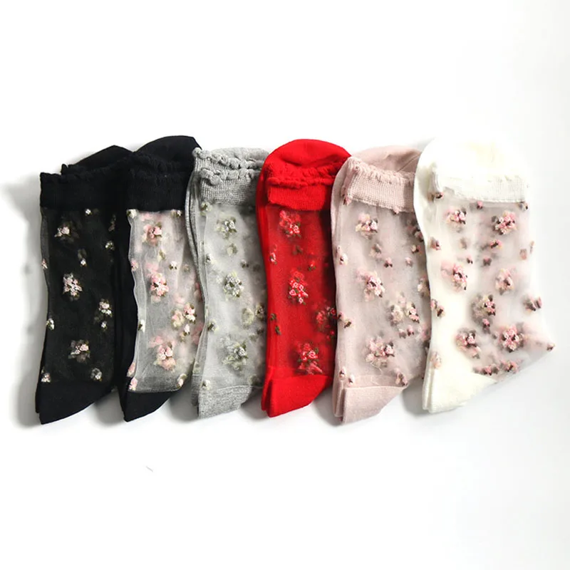 3pairs Women Socks Summer Ultra-thin Breathable Harajuku Casual Flowers Sock Mesh Fishnet Sexy Lace Ladies Sox High Quality