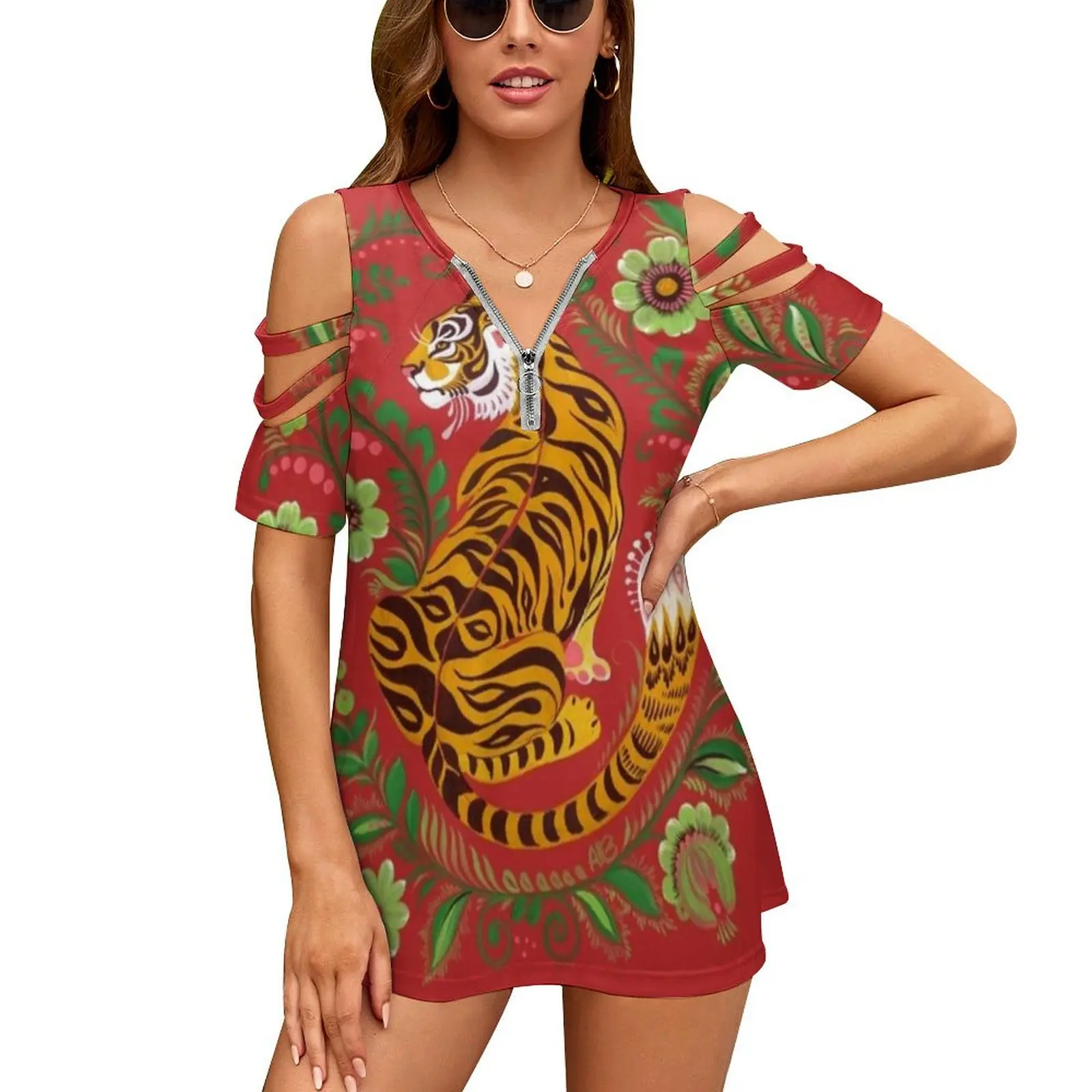 

Tiger Folk Art New Fashion Zip Off Shoulder Top Short-Sleeve Women Shirt Tiger Red Folk Folkart Exotic Cat Decorative Wild