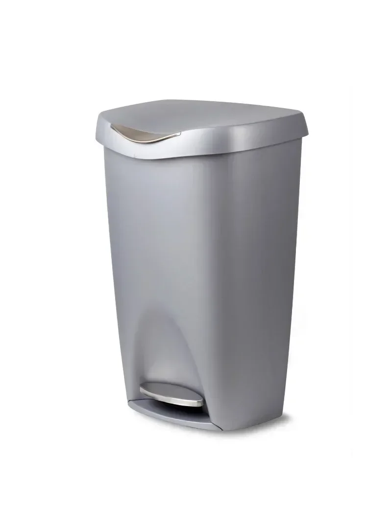 

Umbra 13 Gallon Trash Can, Brim Plastic Step On Kitchen Trash Can, Silver