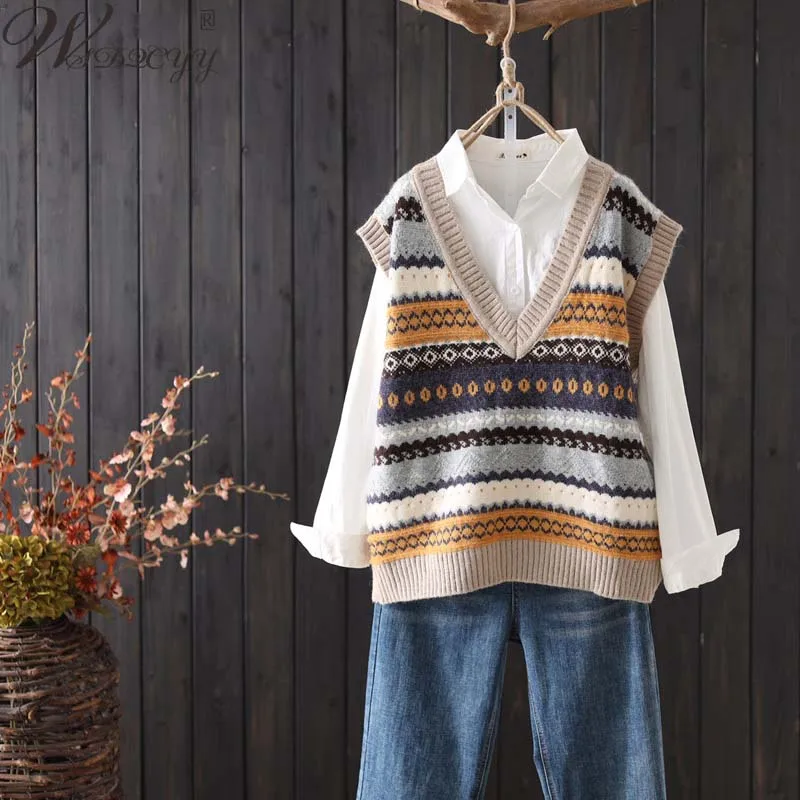 

Korean Fashion Knitted Vest Women Sleeveless Vintage Waistcoat Print Designer Spring Autumn Knitwear Tops Female Casual Pullover