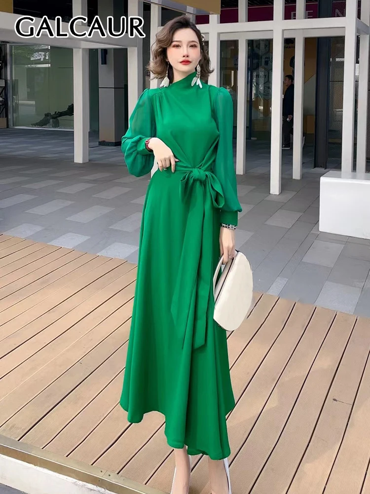 

GALCAUR Green Loose Dress For Women Turtleneck Long Sleeve High Waist Solid Minimalist Midi Dresses Female Korean Fashion Style