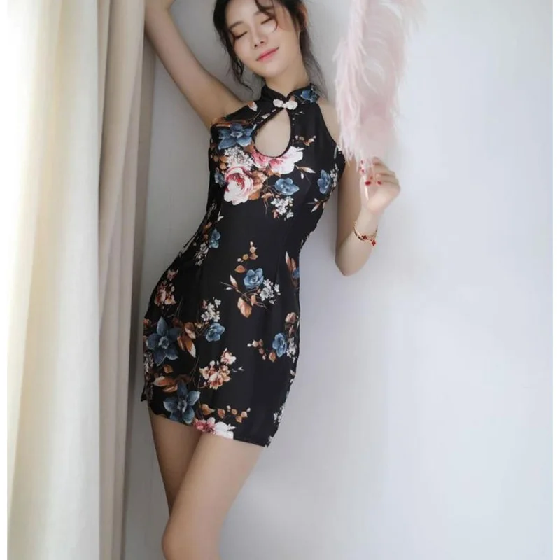 

Chinese Traditional Dress Women Sexy Lingerie Printed Cheongsam Nightclub Tight Hip Uniform Temptation Vintage Qipao Nightdress