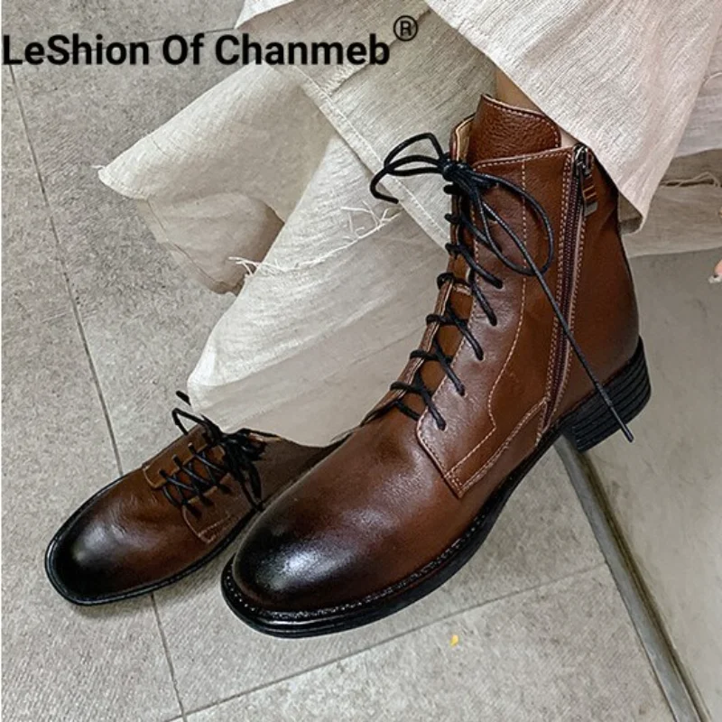 

LeShion Of Chanmeb High Quality Natural Leather Women Short Boots Low Heel Zipper Ankle Boot Lady Cross-tied Shoes Autumn Winter