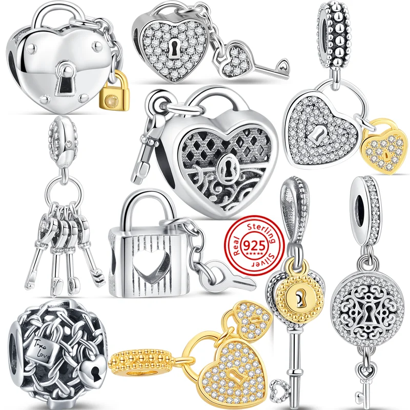 

2022 New 925 Silver Lock Key Padlock Heart Love Pendant Fashion Hollow Beads Fit Original Pandora Charms Bracelets Women Jewelry
