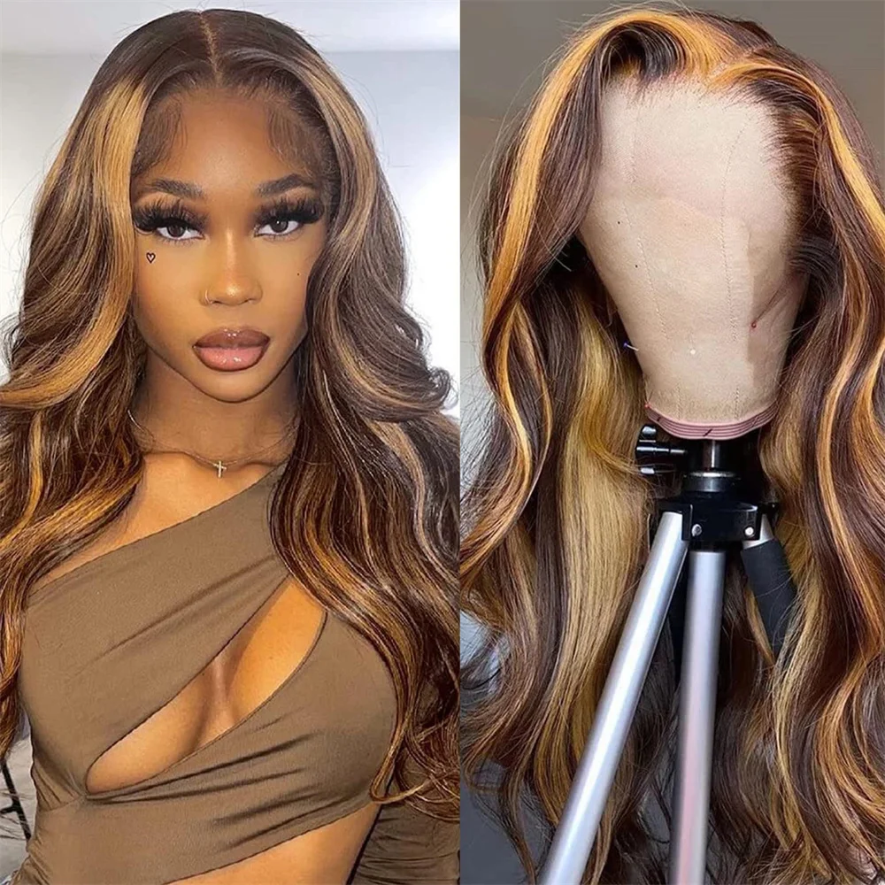 

Highlight Lace Front Wigs Human Hair Pre Plucked 13x4 Body Wave Frontal Wigs 180% Density P4/27 Honey Blonde Lace Front Wig