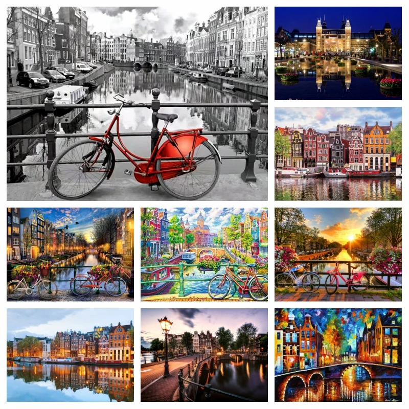

Classic Netherlands Amsterdam Bicycle Scenery AB Diamond Painting Art Full Drills Museum Square Mosaic Cross Stitch Wall Decor
