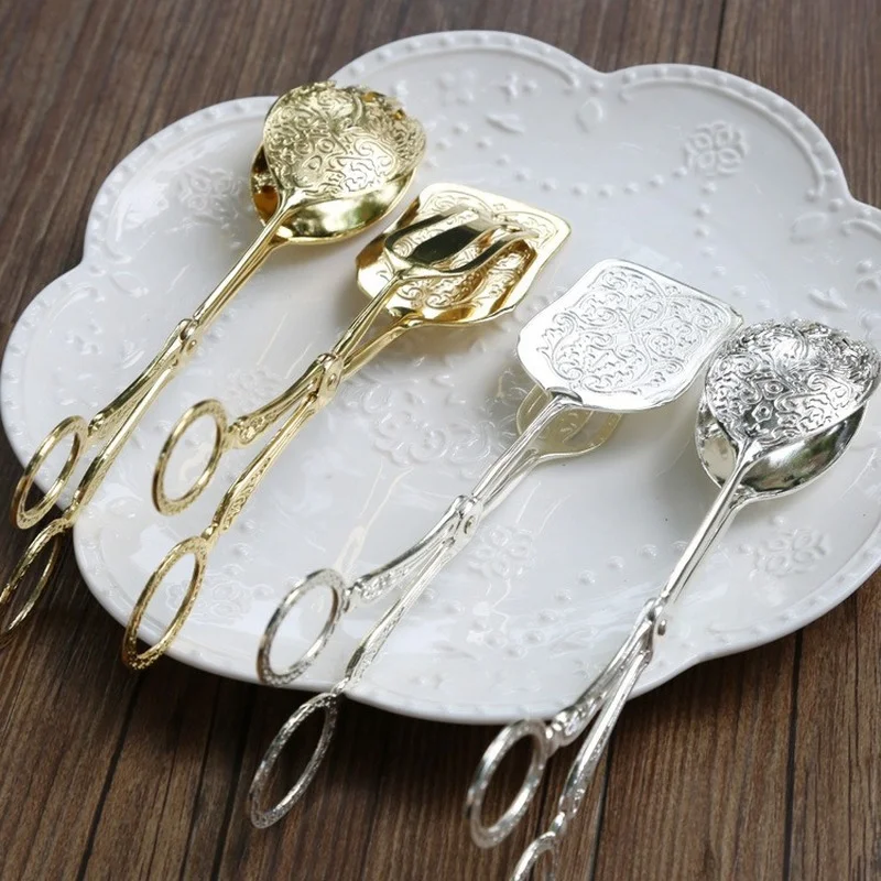 

Food Tong Gold-plated Snack Cake Clip Salad Bread Pastry Clamp Baking Barbecue Tool Fruit Salad Cake Clip Kitchen Utensils WF