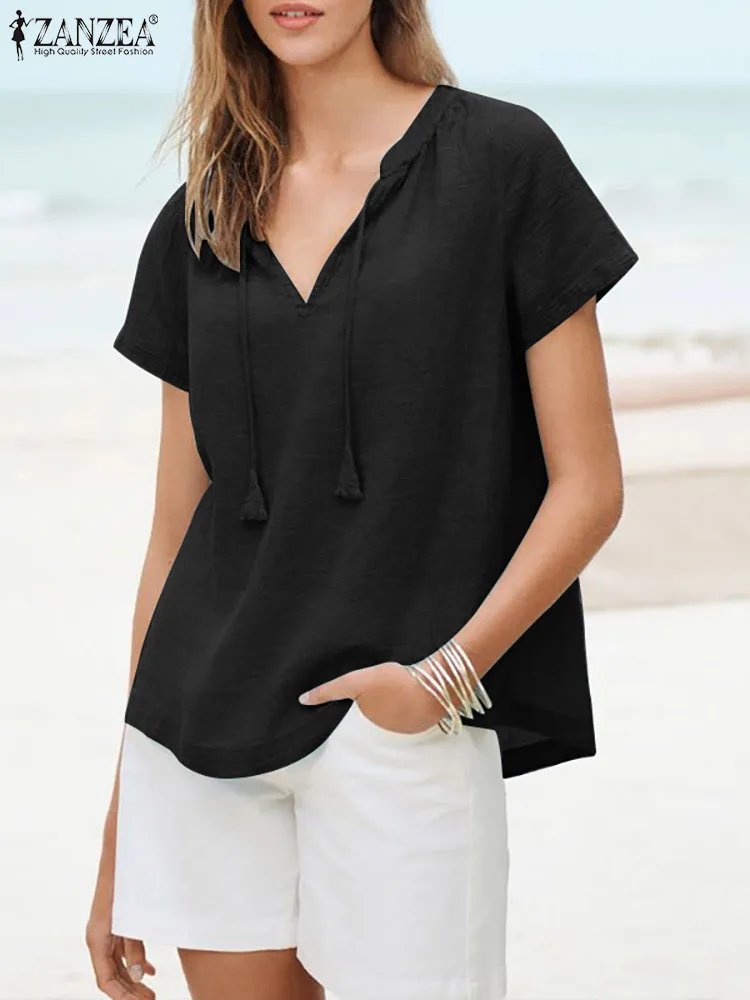 

2022 ZANZEA Femme Fashion Casual Oversized Beach Blusas Women Summer Lace-Up Blouse V-Neck Short Sleeve Solid Color OL Work Tops