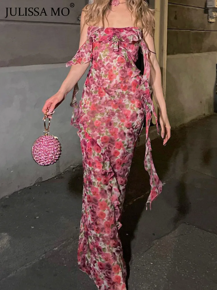 

JULISSA MO Women Summer Floral Print Ruffles Slip Maxi Dress Women'clothing Sexy Off-shoulder Elegant Beach Holiday Vestido