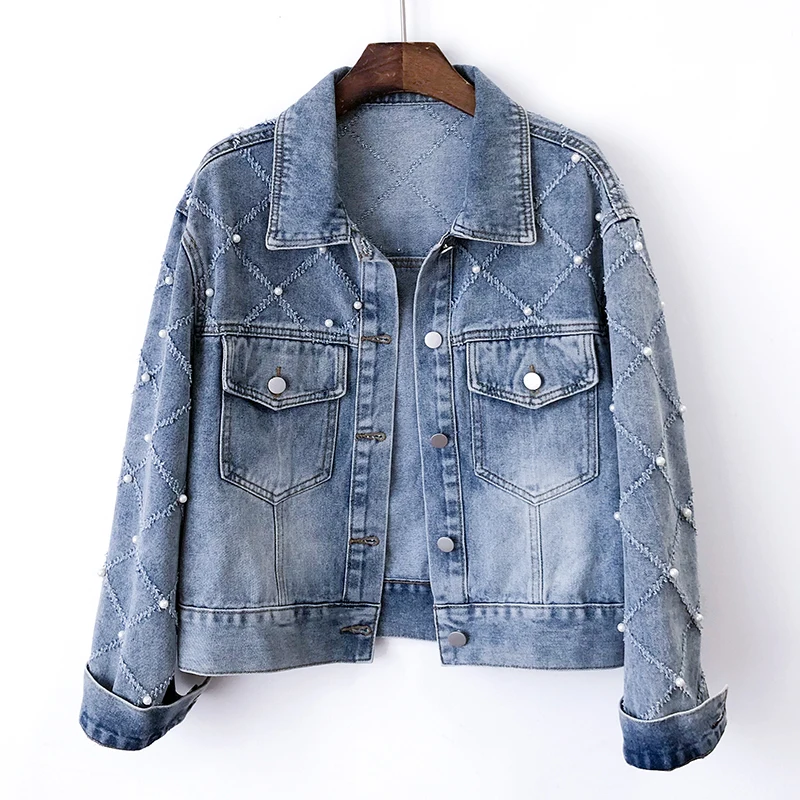 

Spring Vintage Blue Frayed Denim Jacket Coat Women Slim Short Big Pocket Cowboy Outerwear Pearl Long Sleeve Jeans Jacket Female