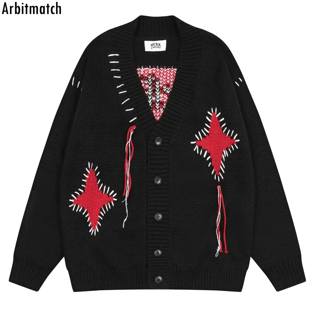 

Осенне-зимний Готический свитер, мужской Блестящий свитер с вышитыми буквами и принтом, куртка на пуговицах, уличная одежда, вязаный свитер ...