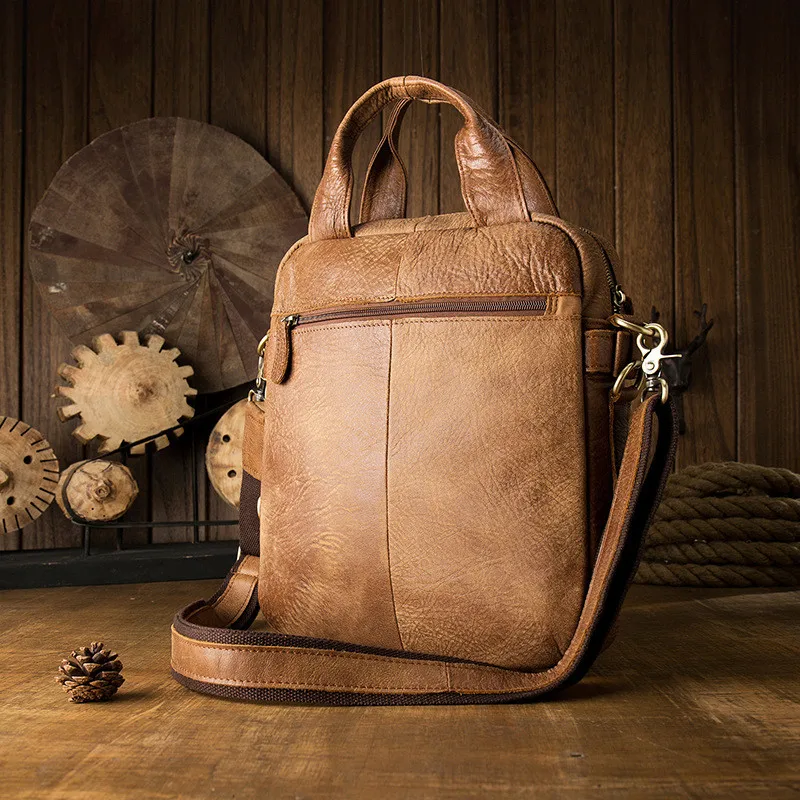 Vintage handmade natural real cowhide men's handbag business shoulder messenger bag casual genuine leather work brown briefcase