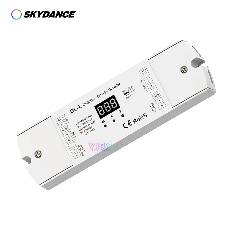 

Skydance 4-канальный преобразователь DMX512 до 1-10 В/0-10 В; 12 В-24 В постоянного тока/100-В переменного тока вход; 4-канальный DMX RDM цифровой дисплей аналог...