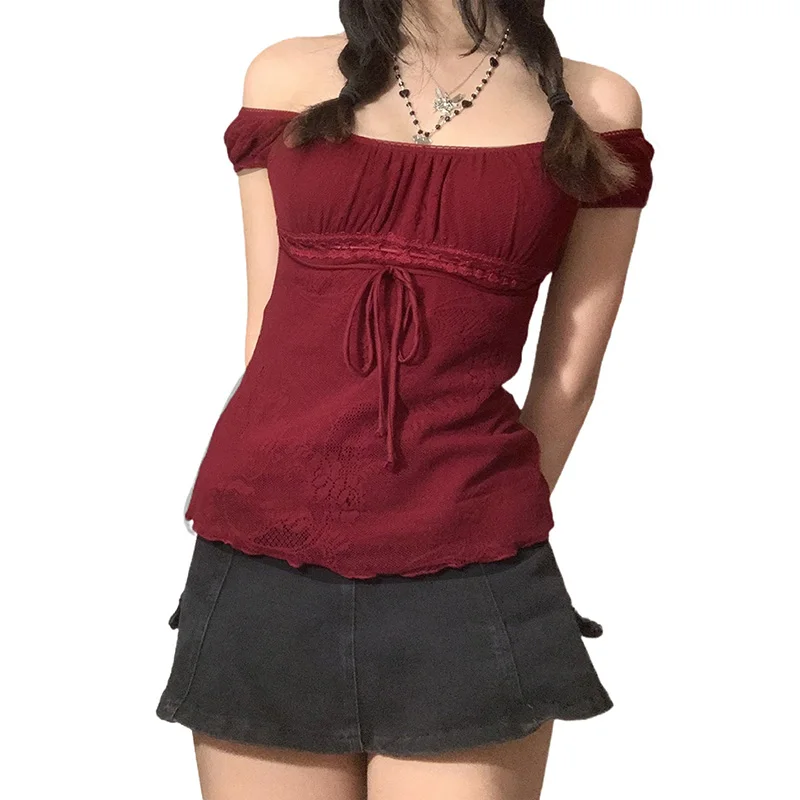 

y2k Women Sweet Lace Tops Ladies Off Shoulder Drawstring T-shirt Korean Fashion Female Tee Fairy Grunge Streetwear