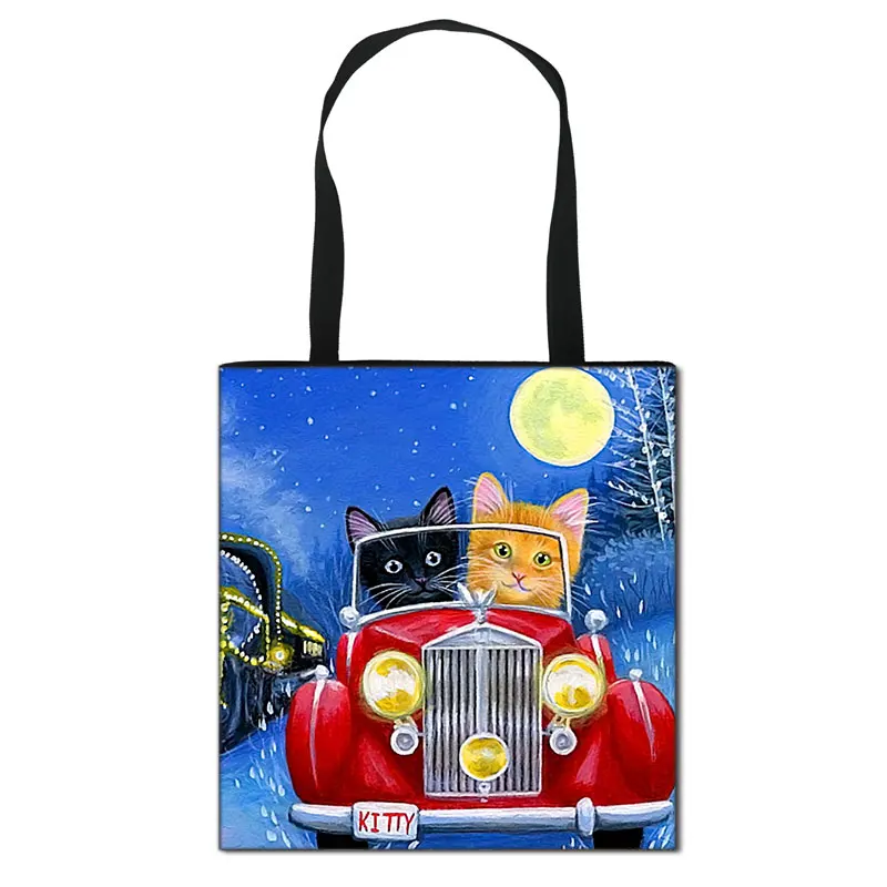 

сумка женская шопер сумка сумка тоут пляжная сумка Котята коты зимняя снежная Холщовая Сумка на плечо рождественские подарки домашняя сумк...