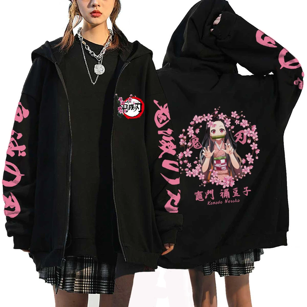 Anime Demon Slayer Hoodies Kamado Nezuko Print Zip Up Jacket Hip Hop Streetwear Sweatshirts Women Harajuku Casual Coats Y2K Tops