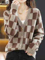 korean style cotton knitted cardigan sweater plaid patchwork autumn winter womens sweaters long sleeve v neck female cardigans
