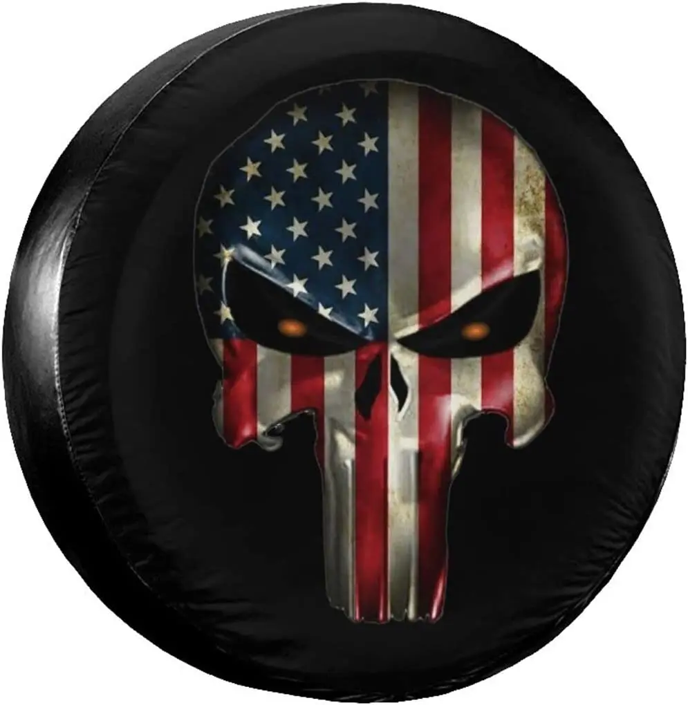 

American Flag Skull Patriotic Spare Tire Cover,Universal Wheel Tire Cover for Trailer, RV, SUV, Truck,Camper and Many Vehicle,We