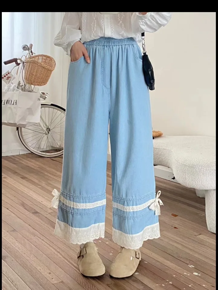 Джинсы женские с высокой талией и кружевом в стиле ретро