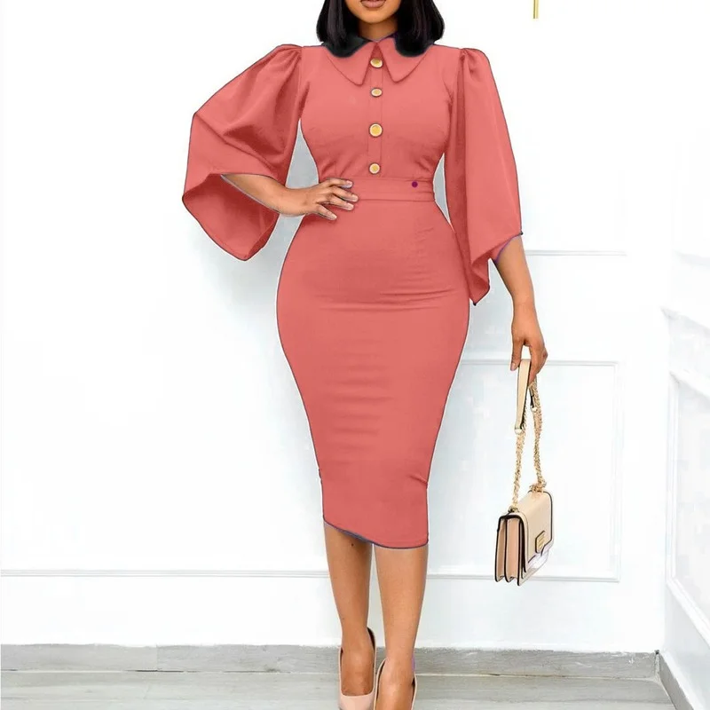 

African Dresses For Women Spring Autumn Africa Clothing 3/4 Sleeve Sexy Turn-down Collar Perspective Office Lady Party Dress