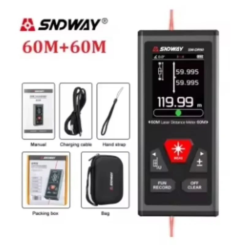 

SNDWAY SW DR60 DR100 Двусторонний лазерный дальномер Двусторонний лазерный дальномер Красный лазерный измерительный цифровой дальномер