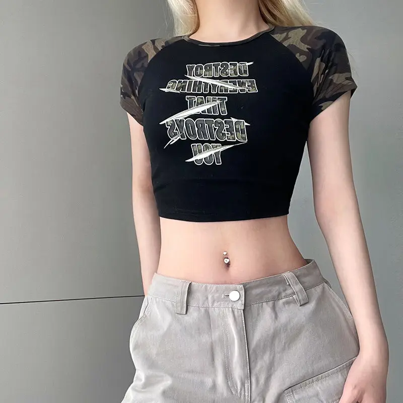 

American Camouflage Patchwork Short Sleeve Letter Print Women Tshirts Slim Sexy High Waist Tees Y2k Bandage Crop Tops Camisetas