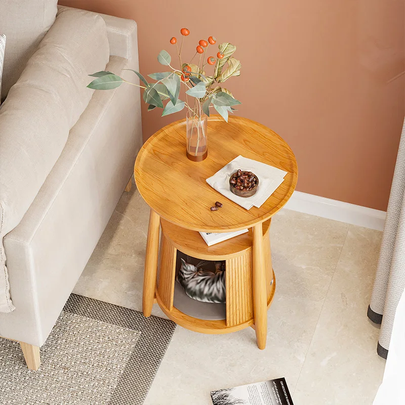 Nordic solid wood small tea table simple modern sofa edge a few corners circular low creative cat nest |