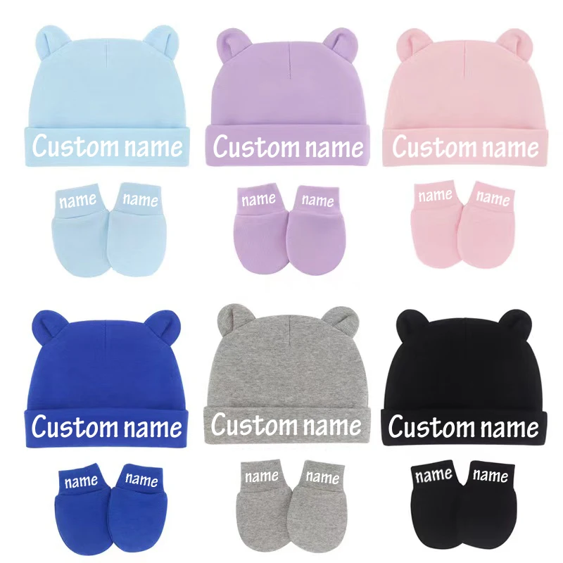 Custom Name Newborn Baby Beanies Cute Baby Hat & Mittens With Ears Cotton Stretchy Boys Girls Warm Cap Gloves Baby Shower Gifts