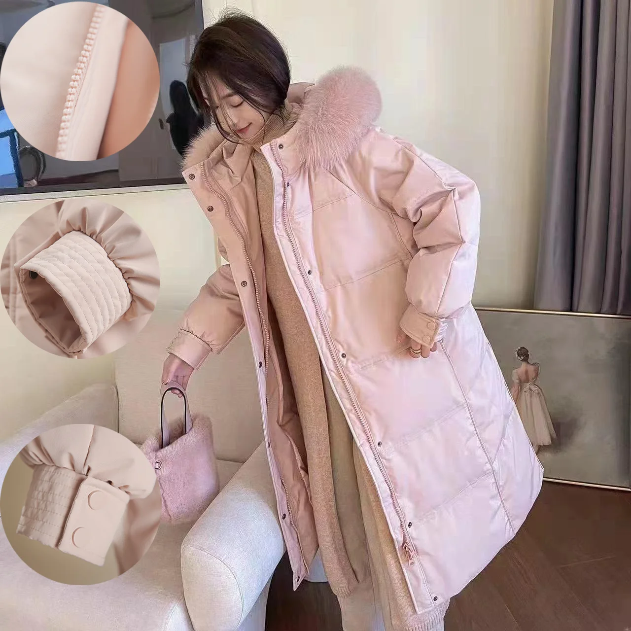 DEODAR Winter Warm Women Long Down Jacket Natural Fur Collar Hooded Parkas 90% White Duck Coat Thickness Windproof Outwear