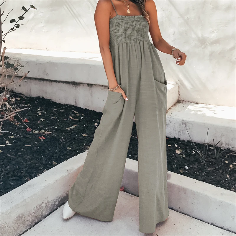

Women Strap Loose Jumpsuit Summer Casual Wide Leg Pants Solid Dungaree Bib Overalls Sleeveless Pocket Jumpsuits Women Streetwear