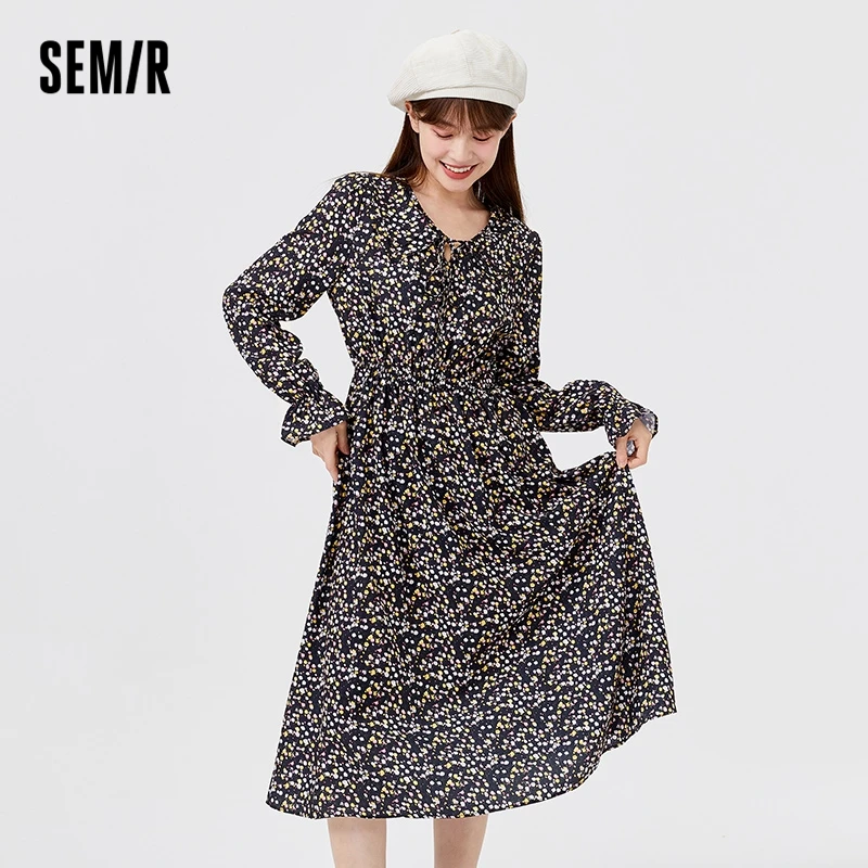 

Платье Semir женское шифоновое с цветочным принтом, на шнуровке, с двойным воротником и длинными рукавами
