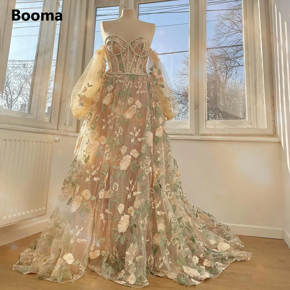 Booma Beige Embroidery Lace A-Line Prom Dresses Sweetheart Puff Sleeves Pearls Corset Lace Up Formal Party Gowns with Long Train