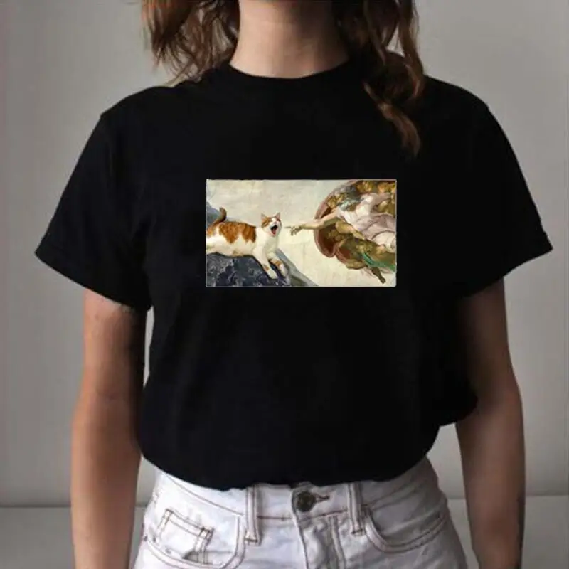 

Funny Cat Breaking Into A Famous Paint T Shirt Women Tops Summer Short Sleeve Harajuku Tee Shirt Femme Casual Camiseta Mujer