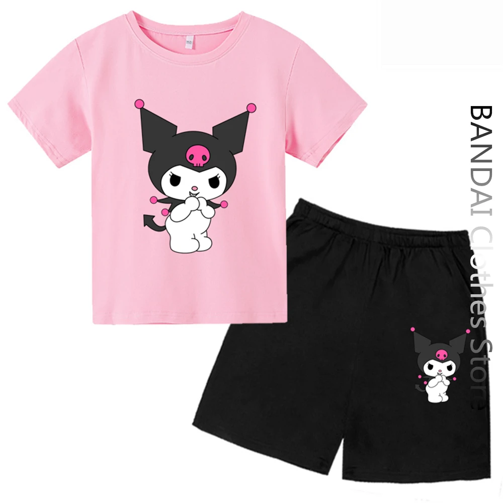 

Kawaii Kuromi футболка для девочек Модная хлопковая одежда для мальчиков аниме мультфильм дети чистые мужчины женщины Hello футболка Китти комплек...