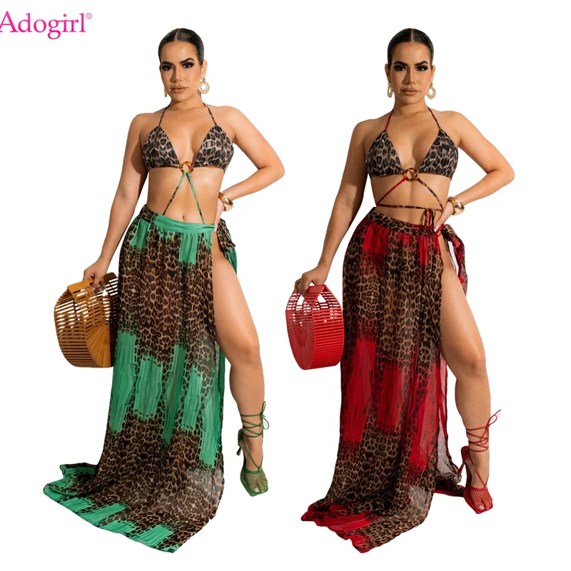 

Adogirl Leopard Print Beach 3 Piece Set 2022 Summer Women Sexy Lace Up Bra Top Thongs Bikini Suit Maxi Skirt Cover Ups Outfits